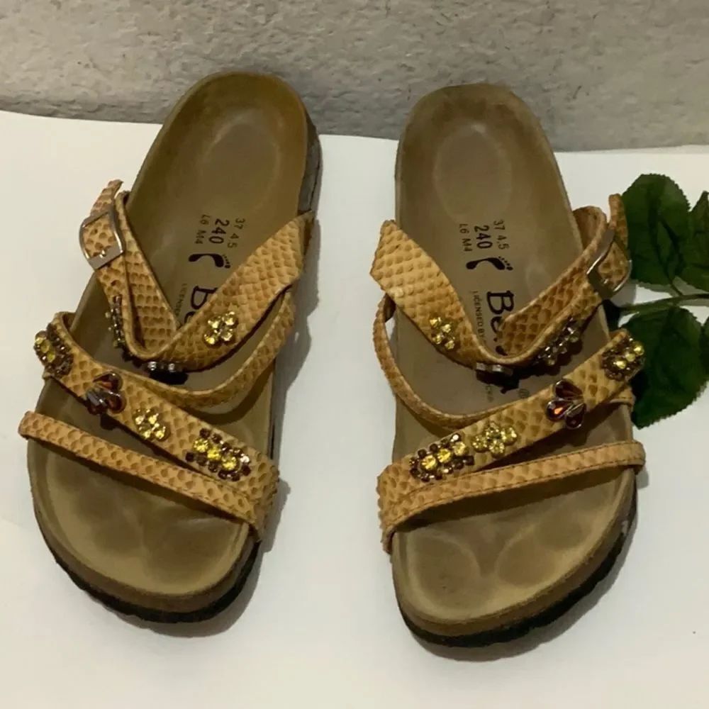 Birkenstock Betula Beaded Leather Strap Brown Sandals animal print